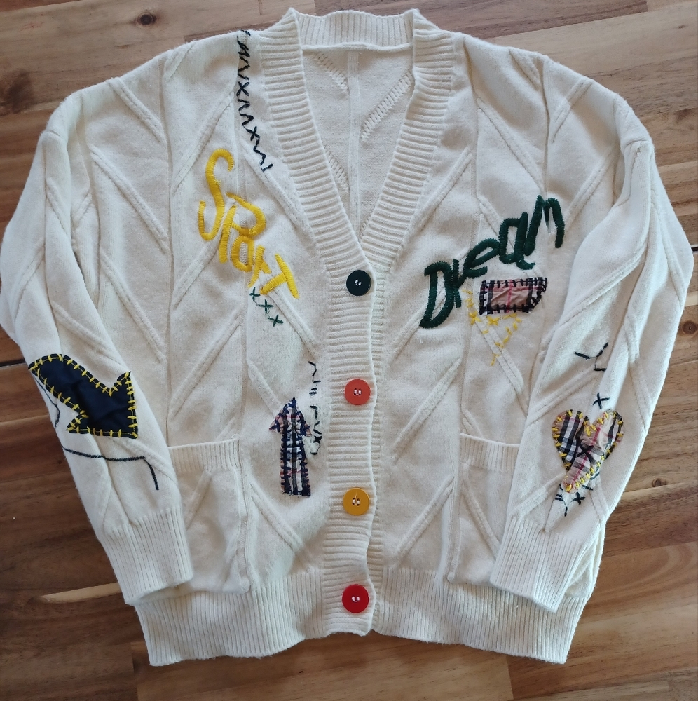 Cardigan with Patches and Big Colorful Buttons Size Small NWOT